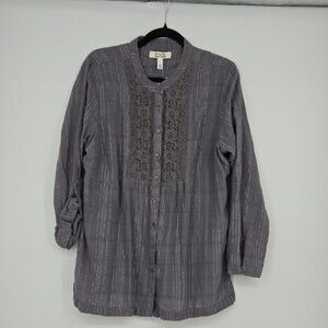 Krazy Kat Gray Button-Up Blouse  Lace Detail Silver Thread Tab Roll Sleeve XL
